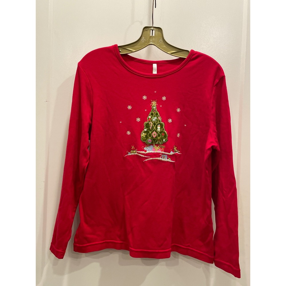 Holiday Christmas Party Red Top Embellished Casual Size Large Long Sleeve